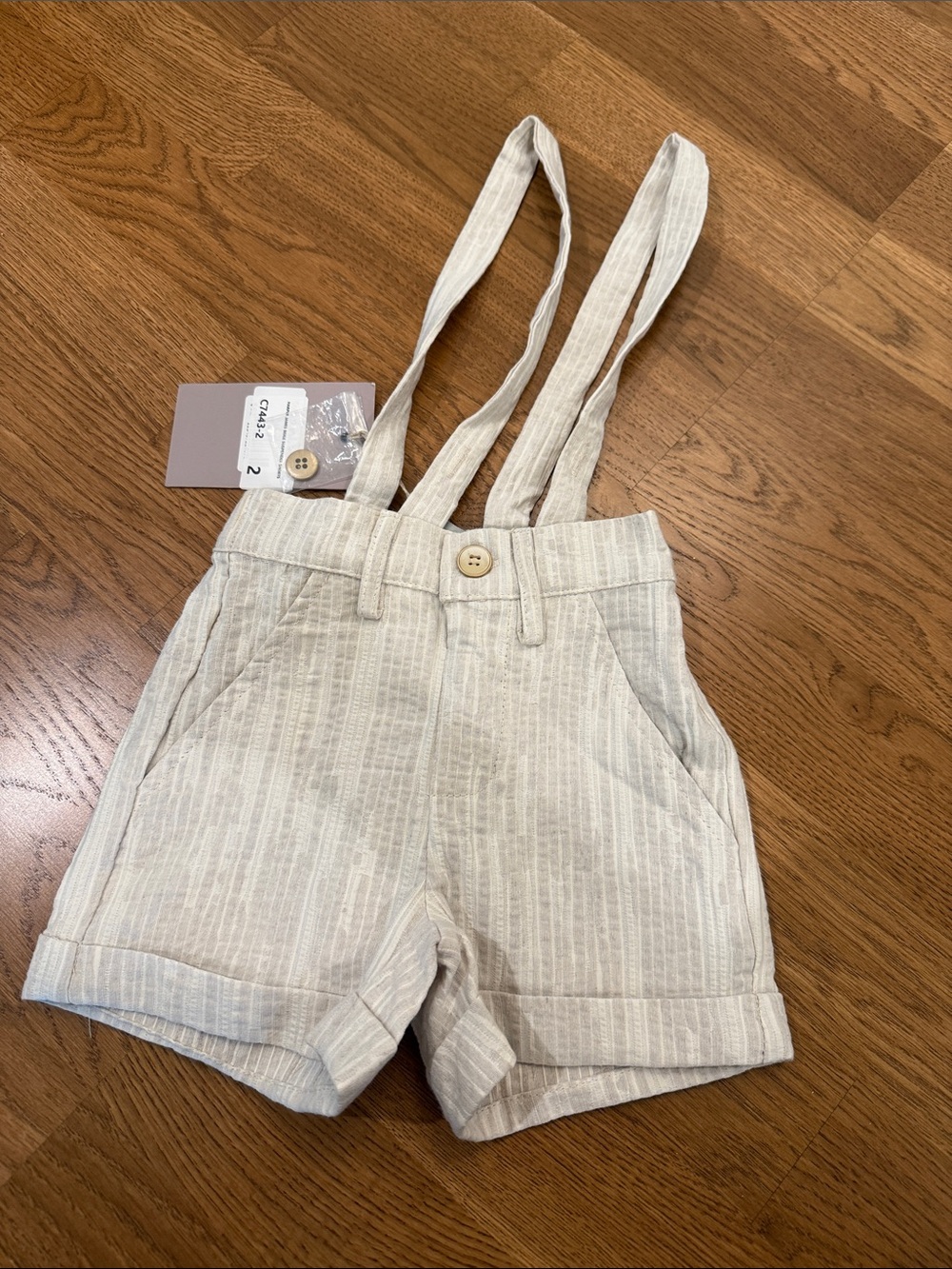 Harper James 2T Cream Striped Suspender Shorts with Button Detail